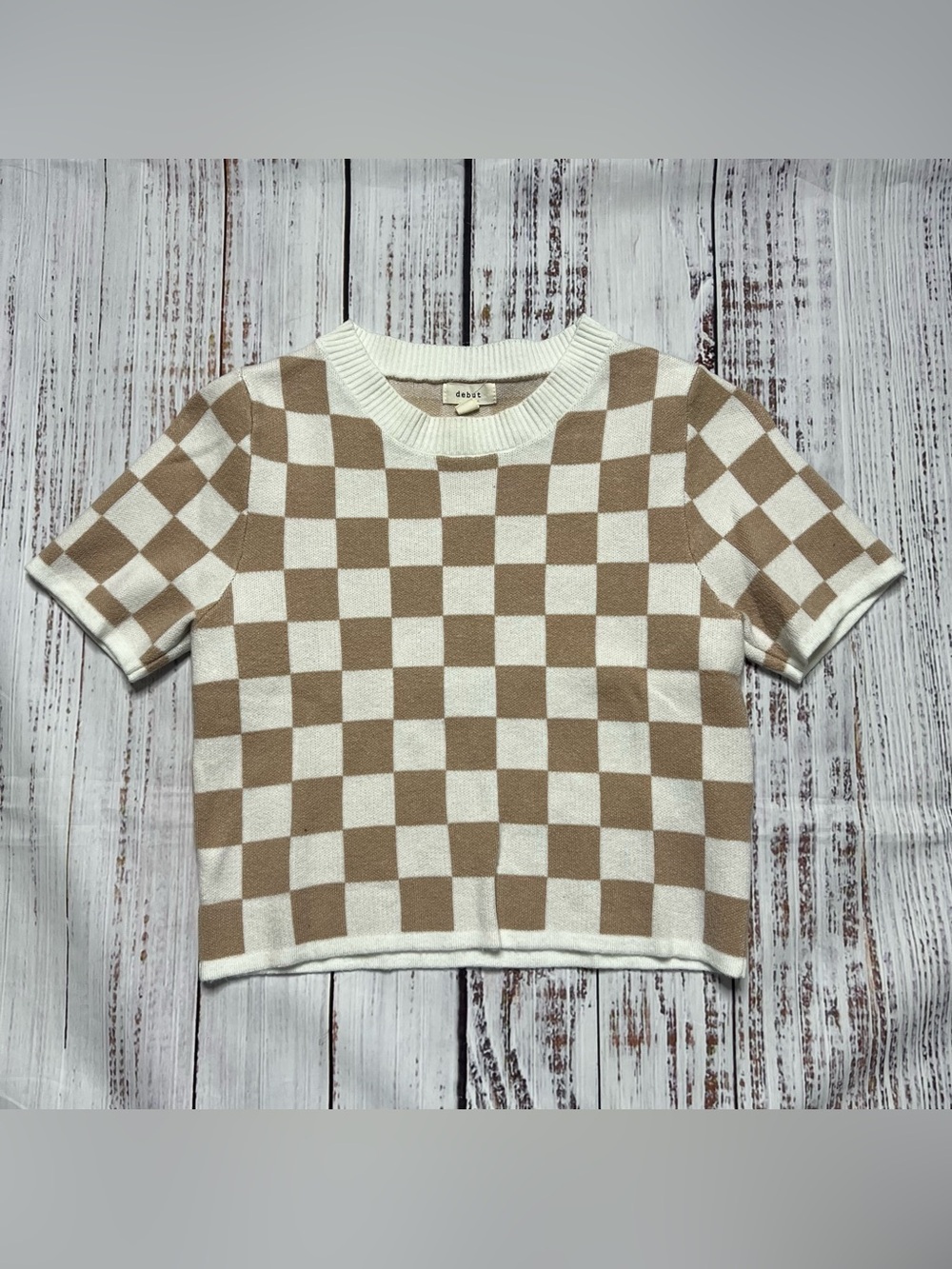 Checkered Short Sleeve Sweater - Cream & Tan